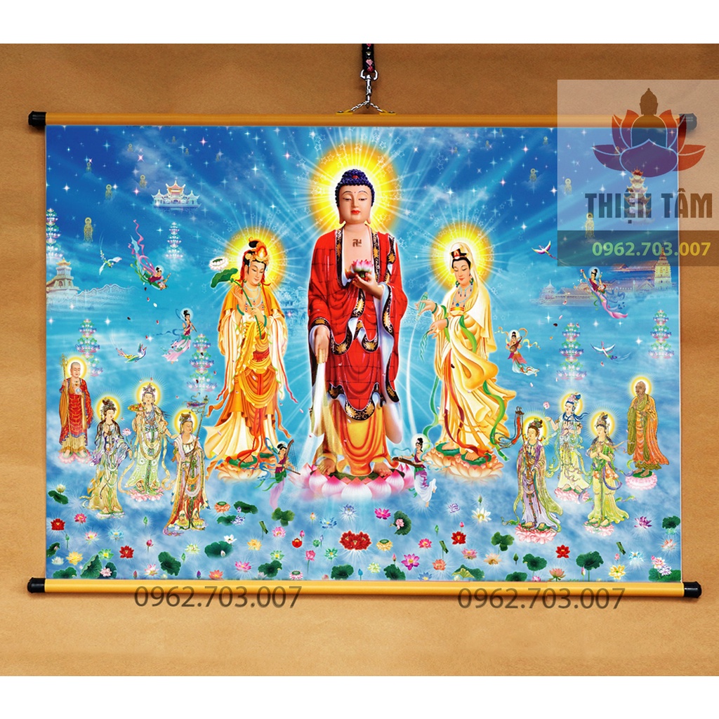 Tranh Tây Phương Cực Lạc 70x50cm treo tường khổ lớn bằng vải phủ bóng cao cấp dày dặn