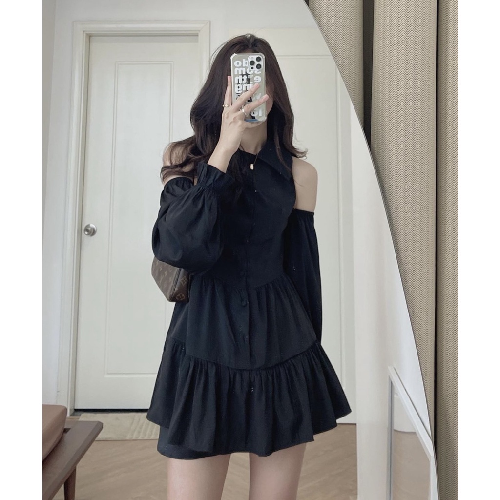 Đầm hở vai cổ polo sau lưng buộc dây cực xinh