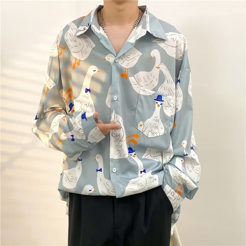 Áo Sơ Mi Tay Dài Dáng Rộng In Họa Tiết Hoạt Hình Động Vật Dễ Thương Thời Trang Xuân Thu 2023 Cho Nam