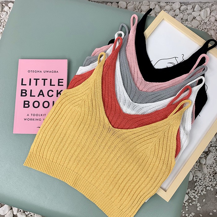 (Sẵn một số màu) Croptop len ba lỗ áo hai dây mềm mỏng co giãn cổ tim chữ V
