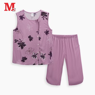 Bộ đồ nữ mặc nhà lanh quần lửng và áo sát nách cúc lệch họa tiết hoa LB21.2109 Thời trang M2