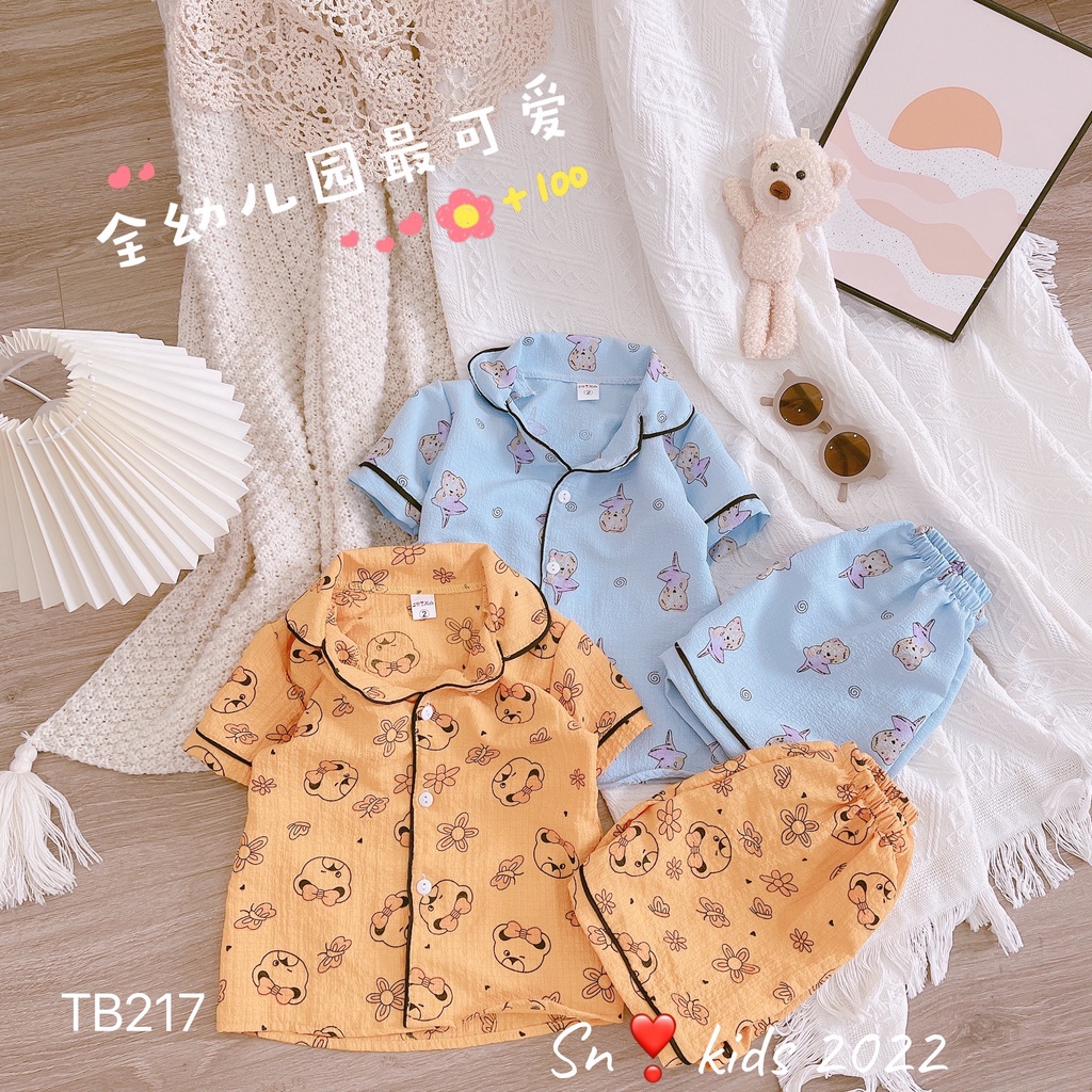 Bộ pijama cộc tay mặc nhà cho bé gái vải đũi xốp thoáng mát, mềm mại size từ 10 đến 20 kg