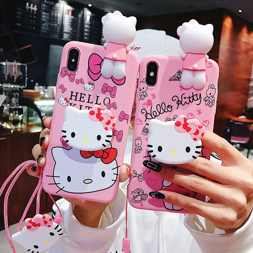 Hộp đựng điện thoại Hello Kitty màu hồng cho Xiaomi POCO M3 10T 10T Pro 5G POCO X3 X3 NFC Hoạt hình dễ thương 3D Kitty Cat Chủ sở hữu chân đế Dây buộc Vỏ bọc silicon mềm