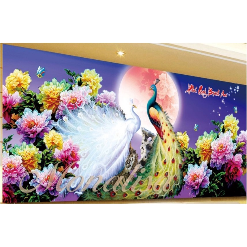 tranh thêu chữ thập phong cảnh phú quý bình an đôi chim công MD0079 - (120*60)cm MD0080 - (160*75)cm- tranh chưa thêu