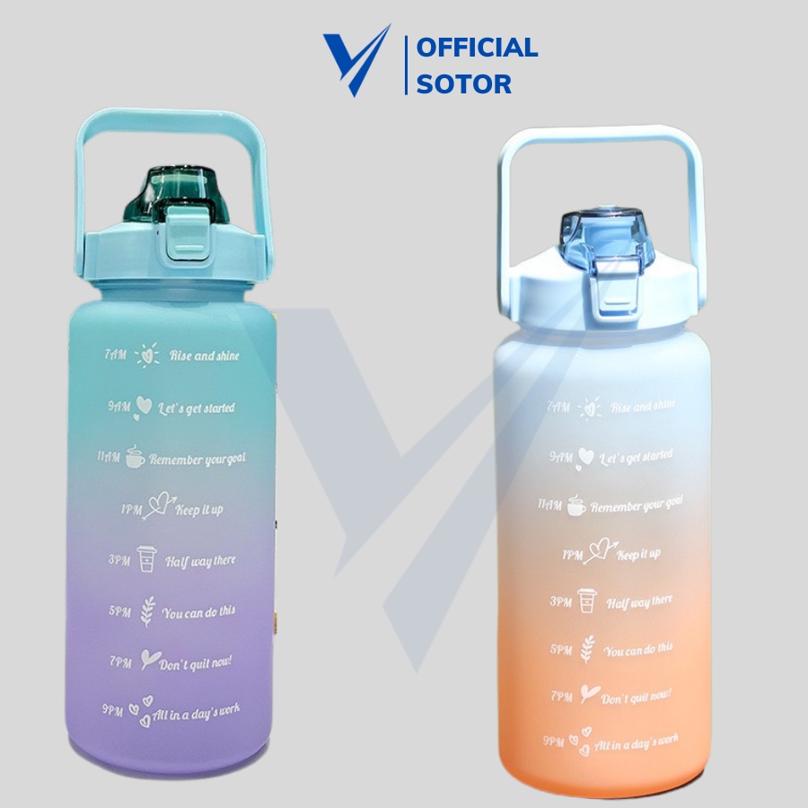 Bình nước 2 lít chia vạch nhắc thời gian uống nước kèm sticker cute