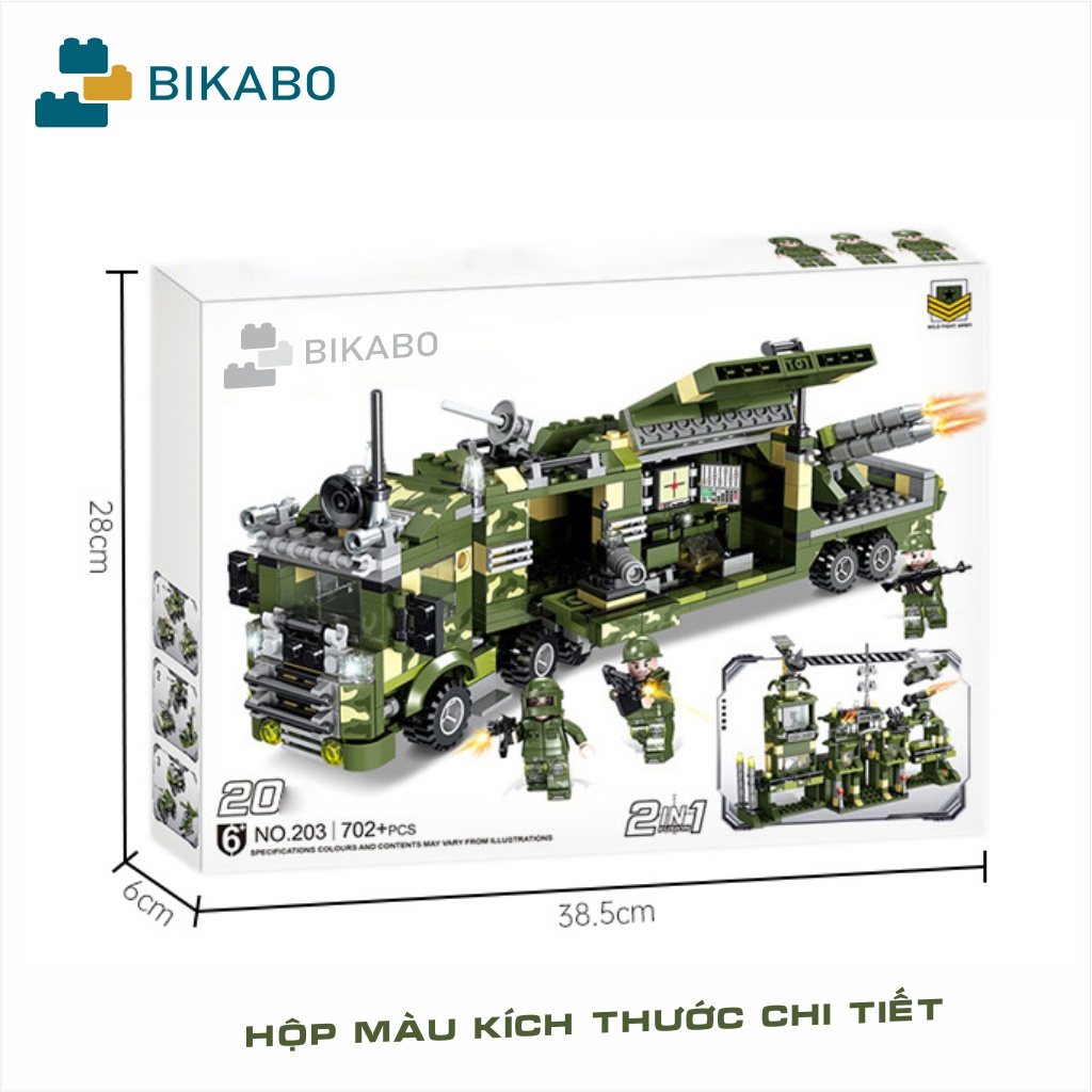 Đồ chơi lắp ráp xe quân đội, mô hình lắp ráp ô tô cảnh sát cho bé 702 chi tiết, BIKABO