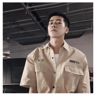 CV✟♙✌(HÀNG ORDER) ÁO SƠ MI NAM FORM RỘNG TAY NGẮN MÀU KEM HÀN QUỐC