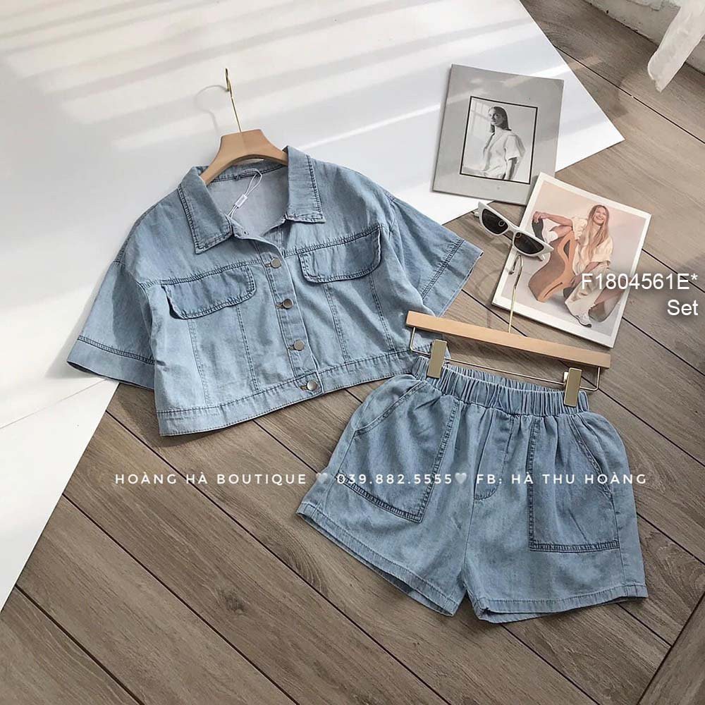 Set jean áo nút croptop cổ bẻ tay ngắn phối quần short