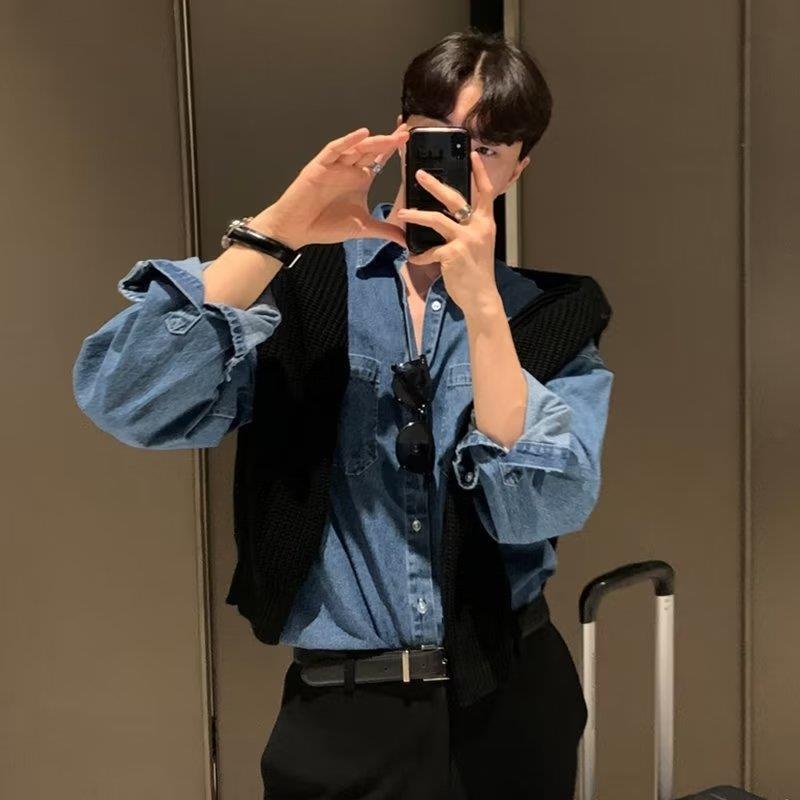 Áo Sơ Mi Denim Tay Dài Dáng Rộng Thời Trang Cho Nam