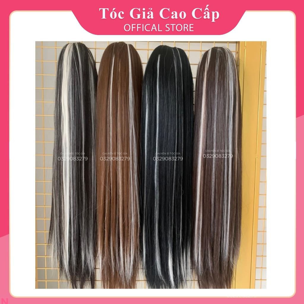 Tóc giả ngoặm thẳng dài phối line bạch kim , bấm phồng chân tóc