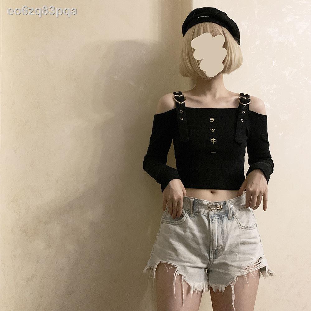 áo trễ vaiXuân / Hè 2021 mới dễ thương cô gái punk vàng Nhật Bản thêu quây tay ngắn dài áo thun mỏng nữ