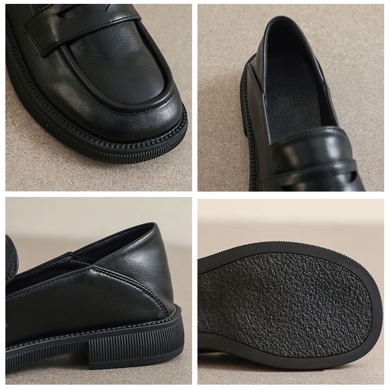 Big Size 35-43 Giày da đế bằng màu đen phong cách