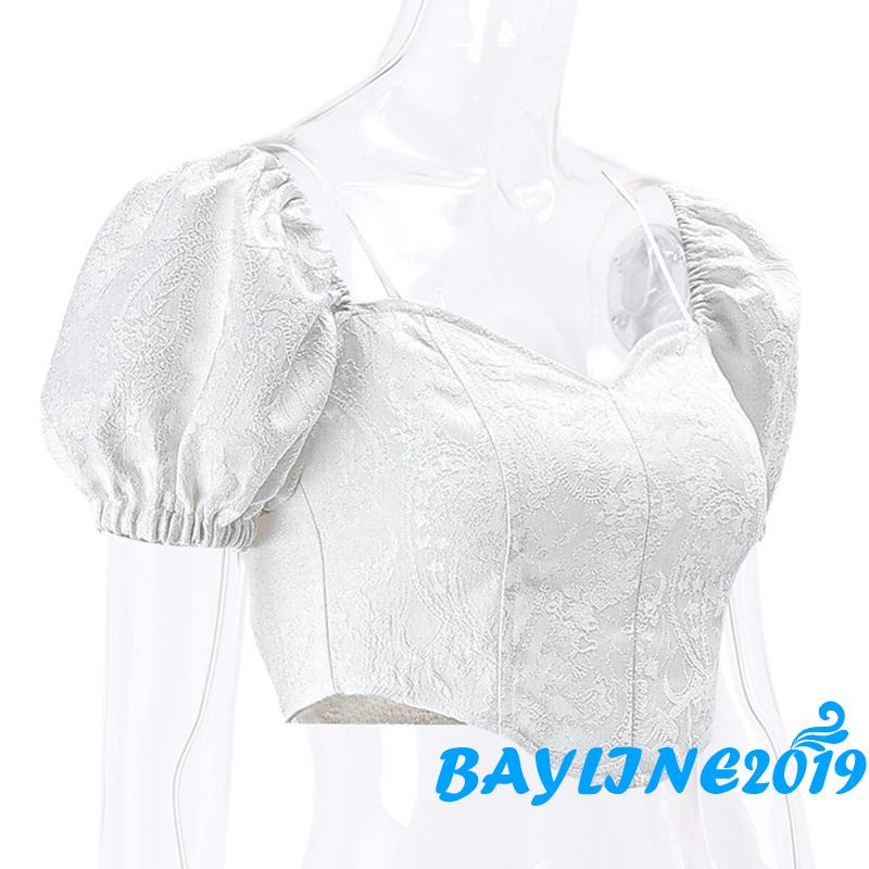 Áo Croptop Tay Phồng Ngắn Cổ Buộc Dây Thời Trang Cho Nữ