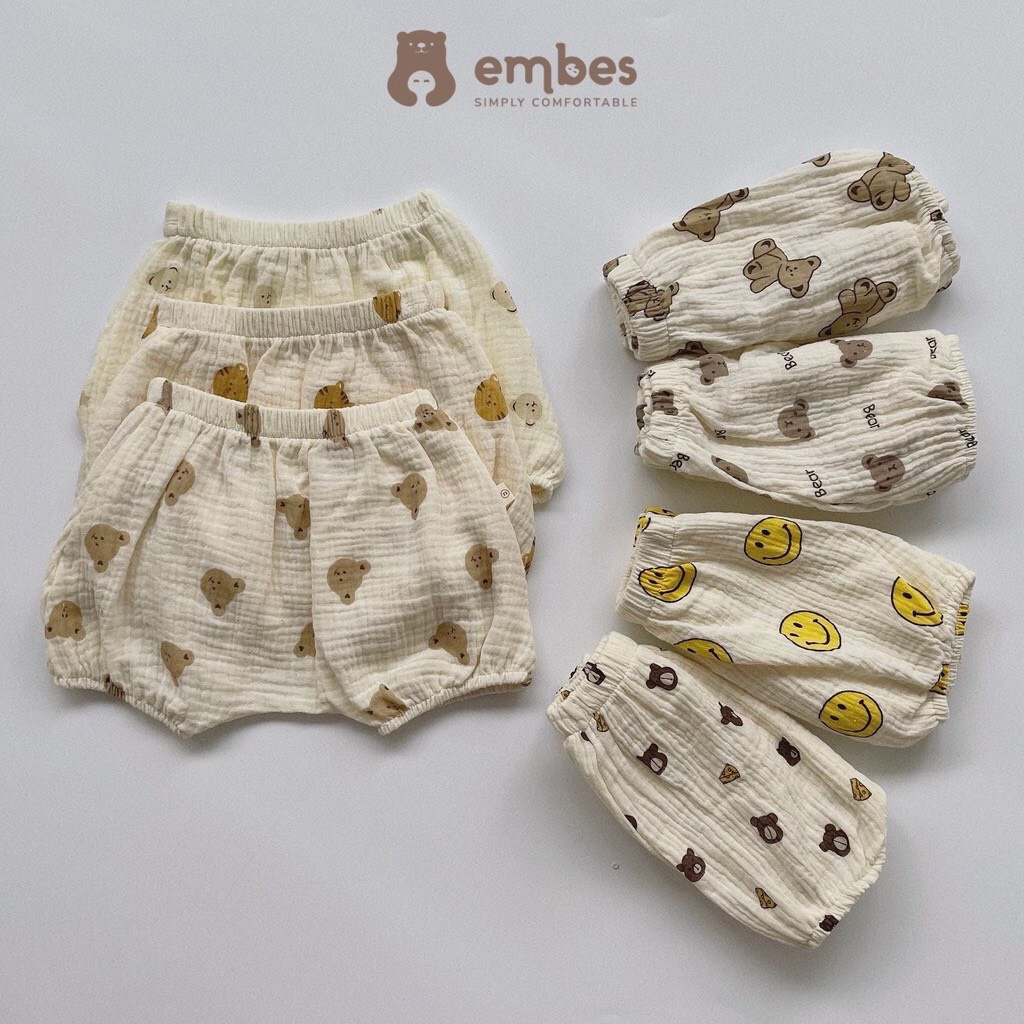 Bộ quần áo vải đũi hình gấu cho bé
