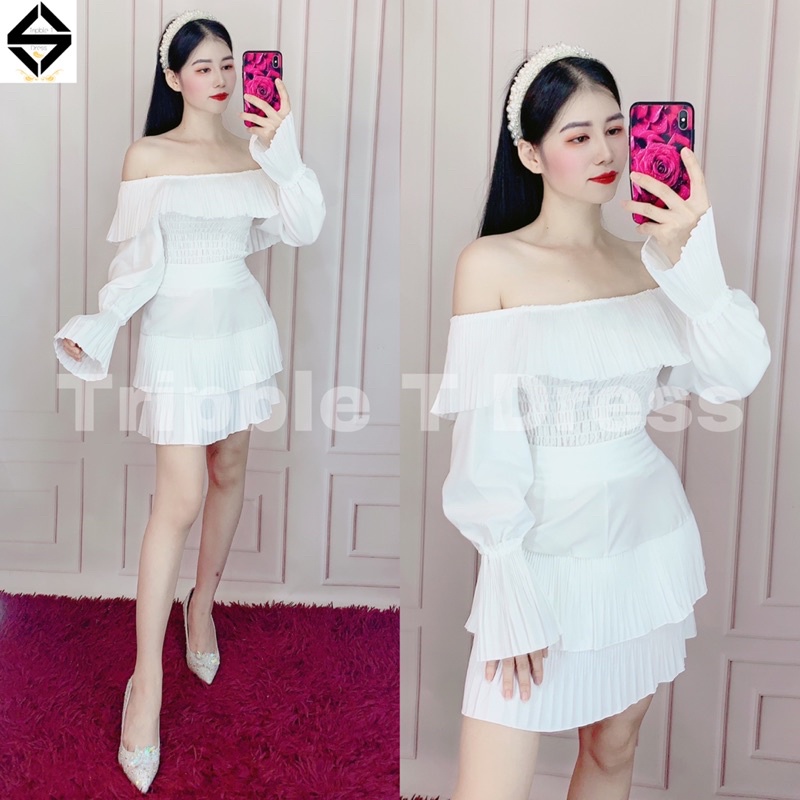 Sét đầm bẹt vai xếp ly bèo + CV tầng hồng sen siêu yêu TRIPBLE T DRESS - Free size dưới 54kg