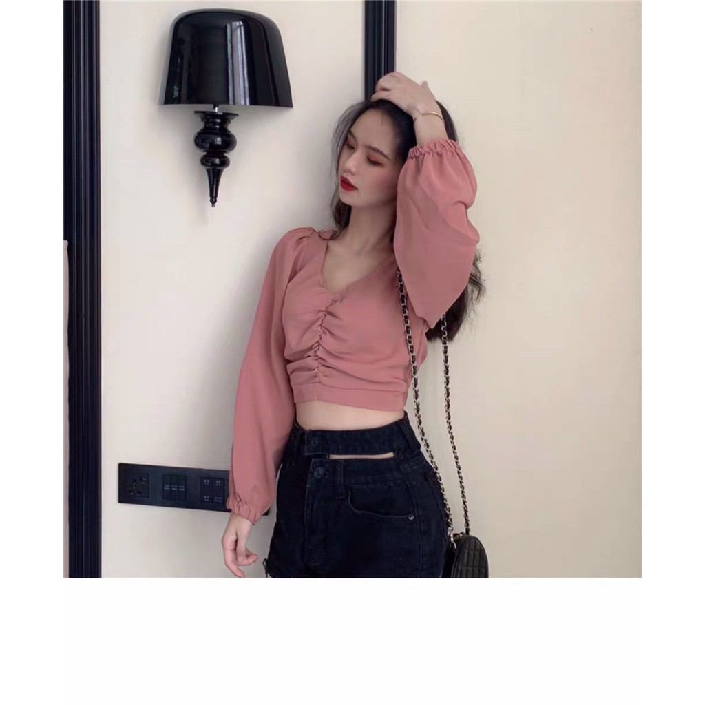 Áo kiểu nữ tay dài croptop nhúng ngực gb