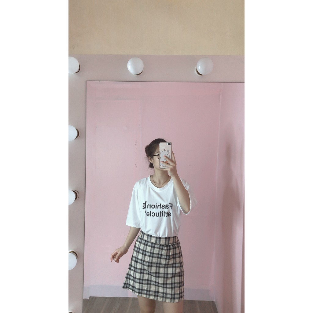Set áo thun FASHION phối chân váy kẻ ulzzang dáng ngắn | BigBuy360 - bigbuy360.vn