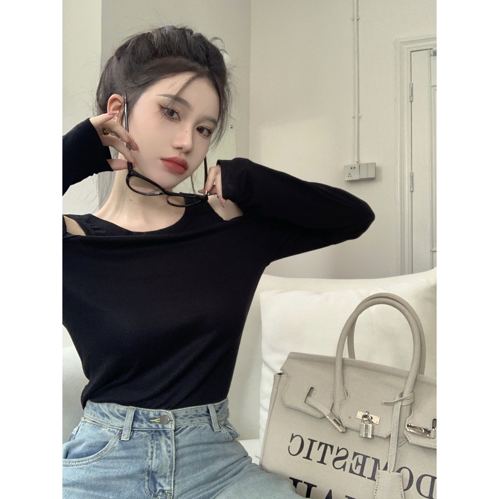 Áo croptop QKOOLE tay dài cổ tròn dáng ôm gợi cảm thời trang Hàn Quốc cho nữ