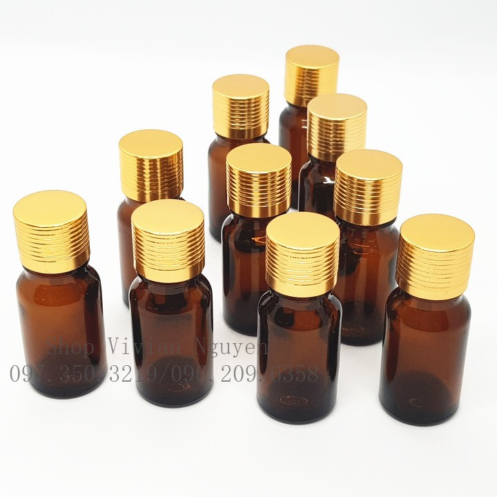 Chai lọ đựng tinh dầu nhỏ giọt 10ml, thủy tinh nâu, nắp nhôm vàng