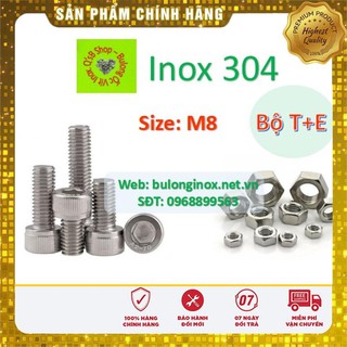 Bulong lục giác chìm đầu trụ size M8  inox bộ Thân + Ecu (Bộ TE) , ốc đầu trụ , ốc lục lăng đầu trụ inox, inox 304