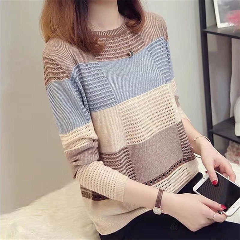 IELGY Áo Thun Tay Dài Họa Tiết Kẻ Sọc Thời Trang Hàn Quốc Dễ Phối Đồ Cho Nữ