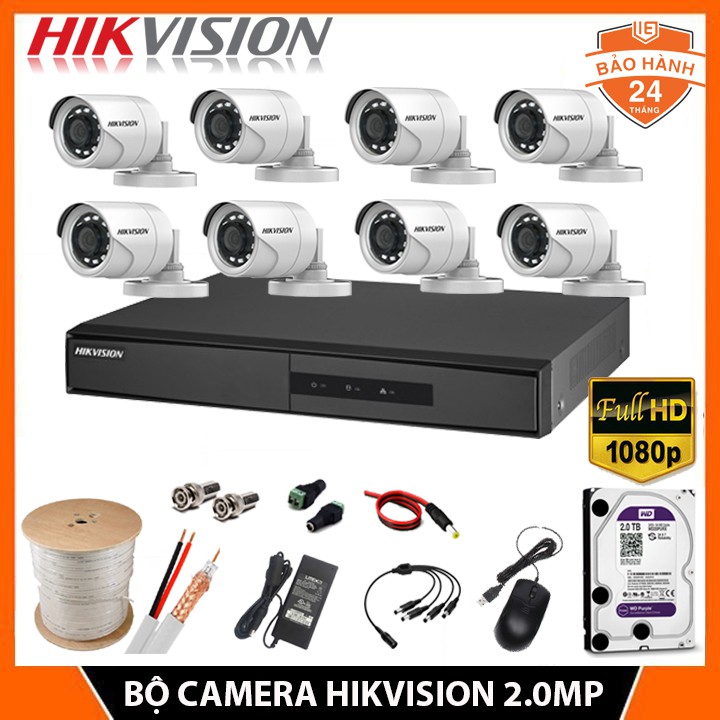 Trọn Bộ [2-8 Mắt] Camera giám sát HIKVISION 2.0MP-1080P Chính hãng, Kèm ổ HDD & Đầy đủ phụ kiện lắp đặt - Bảo hành 24Th | BigBuy360 - bigbuy360.vn