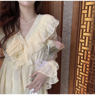 Váy bèo cổ dáng midi tay bồng chun eo [ order ]