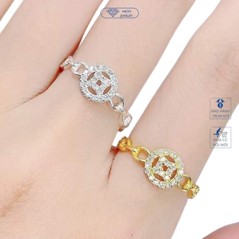 Nhẫn kim tiền chữ vạn đính đá, chuẩn bạc mạ vàng - Anchi jewelry