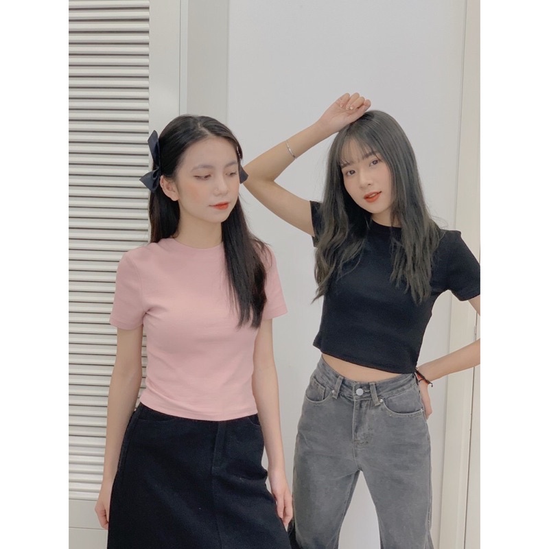 Áo Croptop Nữ Thun Gân Parso Ôm Ngắn Tay Cổ Tròn 9 Màu Pastel - Ảnh thật/ Có sẵn