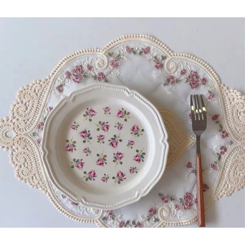 Khăn Trải Bàn Phối Ren Thêu Họa Tiết Phong Cách Vintage Pháp