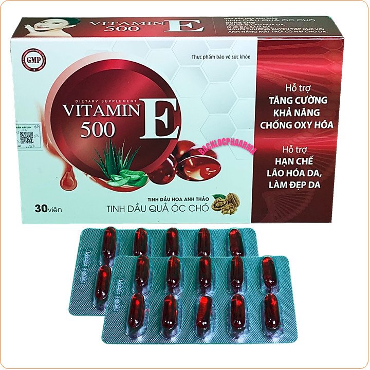 Viên uống đẹp da vitamin E 500- Thành Phần Tinh Dầu Quả Óc Chó, Hoa Anh Thảo Giúp Đẹp Da, Mờ Nám, Cân Bằng Nội Tiết Tố