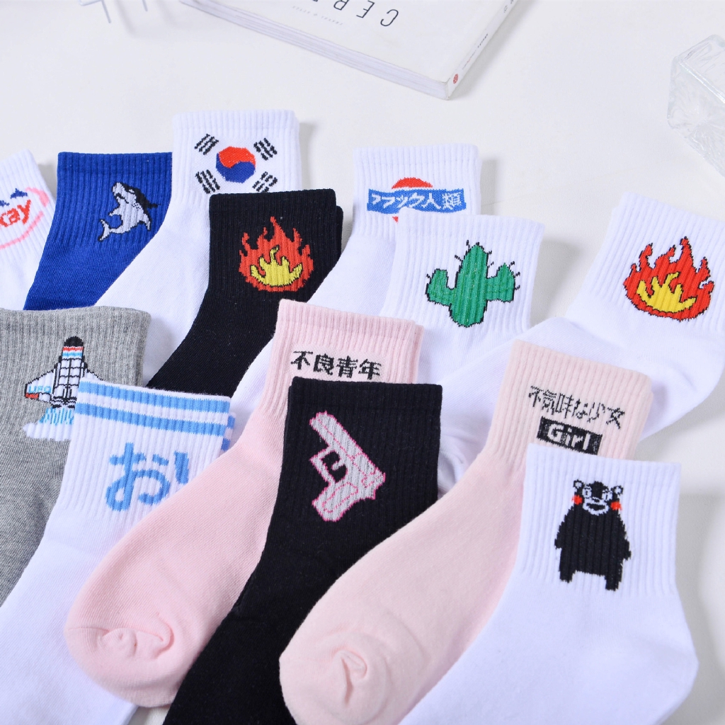 Tất Cotton hoạ tiết hoạt hình phong cách Harajuku cho nam và nữ