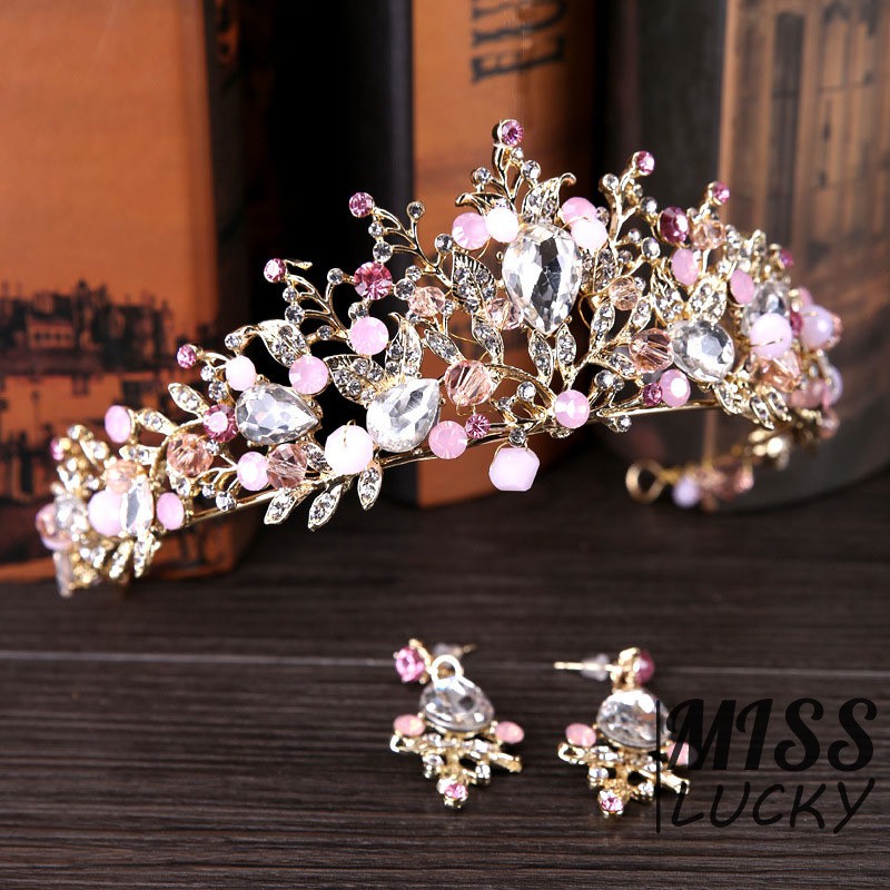 Set 1 vương miện + 1 đôi khuyên tai nữ đính đá thời trang