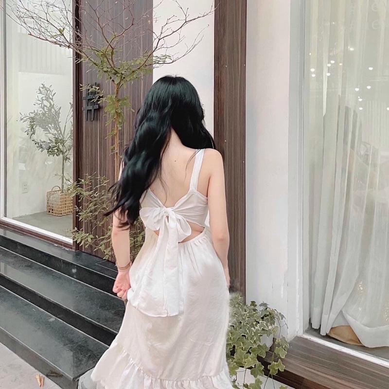 Đầm váy maxi đi biển hai dây nơ sau 2 màu có mút ngực