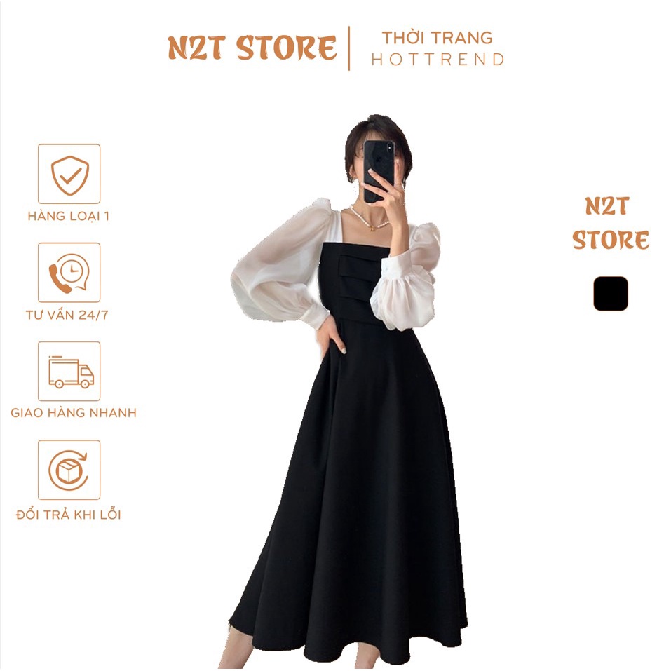 Váy Cổ Vuông Ly Ngực Tay Phối Trắng Dáng Dài , Đầm Nữ Dáng Suông Dự Tiệc