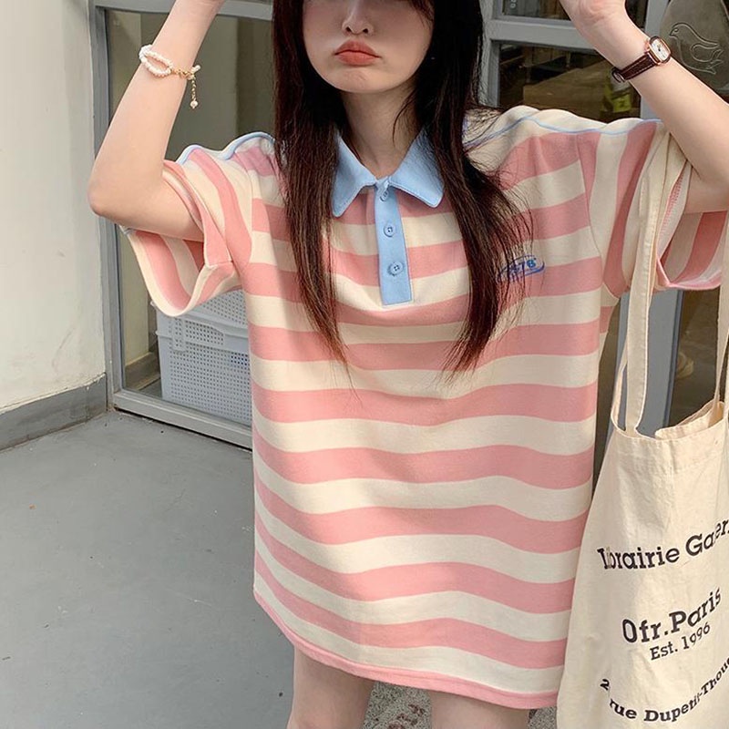 Áo polo IELGY tay ngắn dáng rộng họa tiết sọc màu sắc tương phản thời trang dành cho nữ