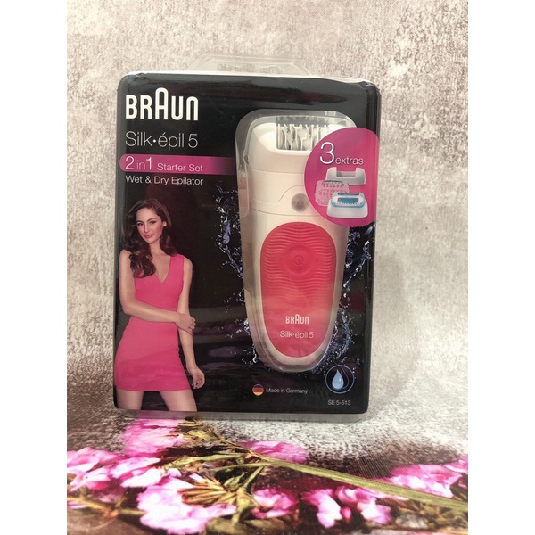 Máy nhổ lông Braun Silk-Epil 5 2-in-1 Starter Set Wet &amp; Dry Epilator + 3 Extras - Raspberry Pink