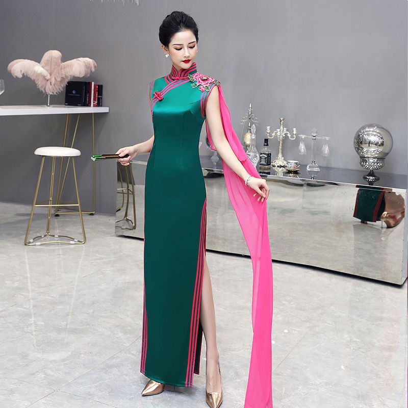 ▽☍☢Sườn xám sản phẩm mới mùa thu / đông 2020, phần dài, trang phục sàn diễn thời cải tiến cao cấp, màu tinh khiết