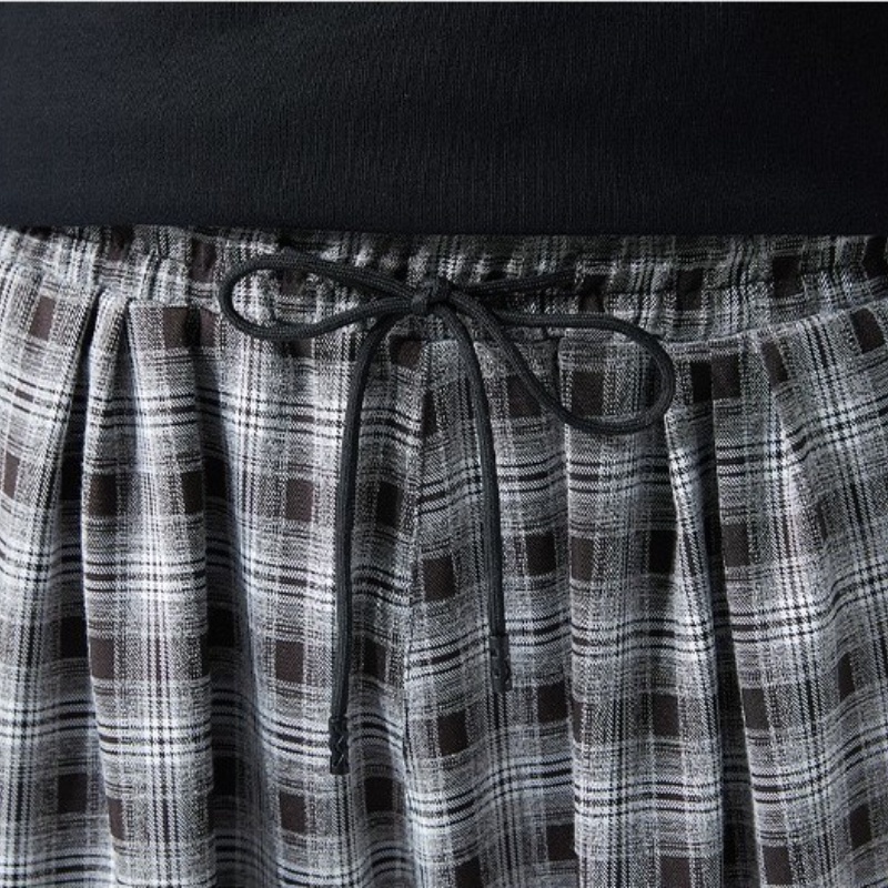 Quần ống rộng họa tiết sọc caro plus size phong cách Nhật Bản cho nam size L-8XL