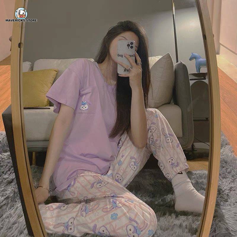 Set đồ bộ ngắn tay in họa tiết phong cách Hàn Quốc cho nữ