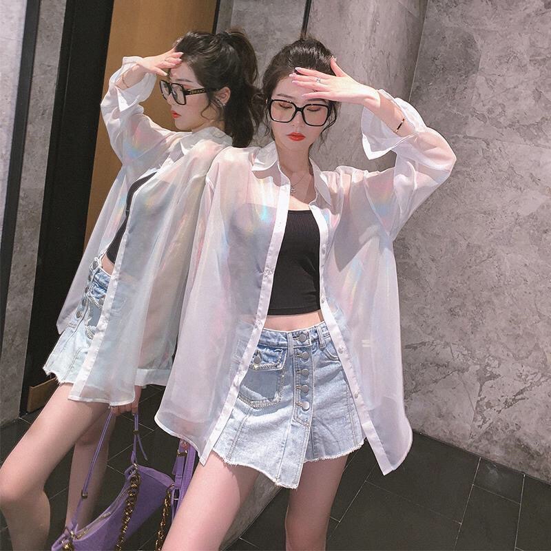 Áo sơ mi voan mỏng bling bling