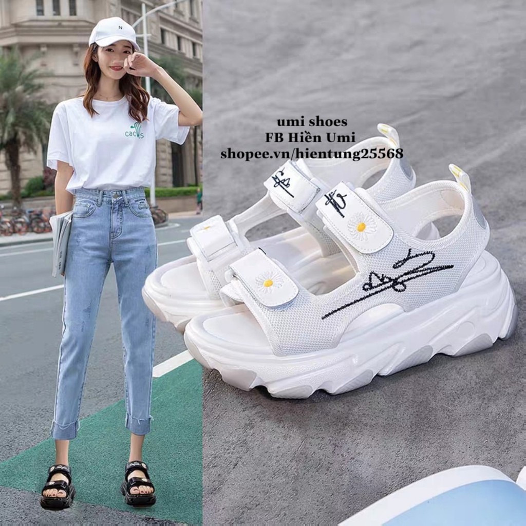 [SẴN LOẠI 1] Dép Sandal nữ màu trắng quai ngang ulzzang độn đế cao 5cm mới đi hoc cá tính năng động màu đen/trắng đẹp