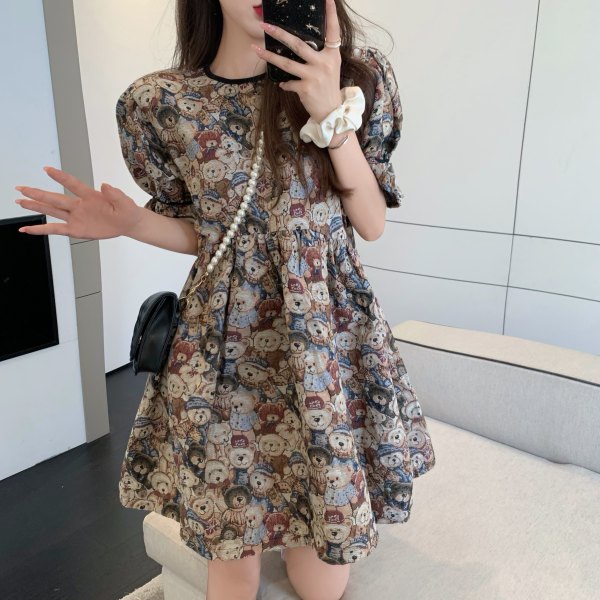 Đầm Tay Phồng Họa Tiết Gấu Phong Cách retro Thời Trang Mùa Hè Mới