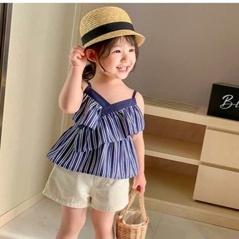 Bộ Đồ Áo Hai Dây Họa Tiết Kẻ Sọc Phong Cách Hàn Quốc Nhật Bản Thời Trang Mùa Hè Hàng Mới Dành Cho Bé Gái 2022