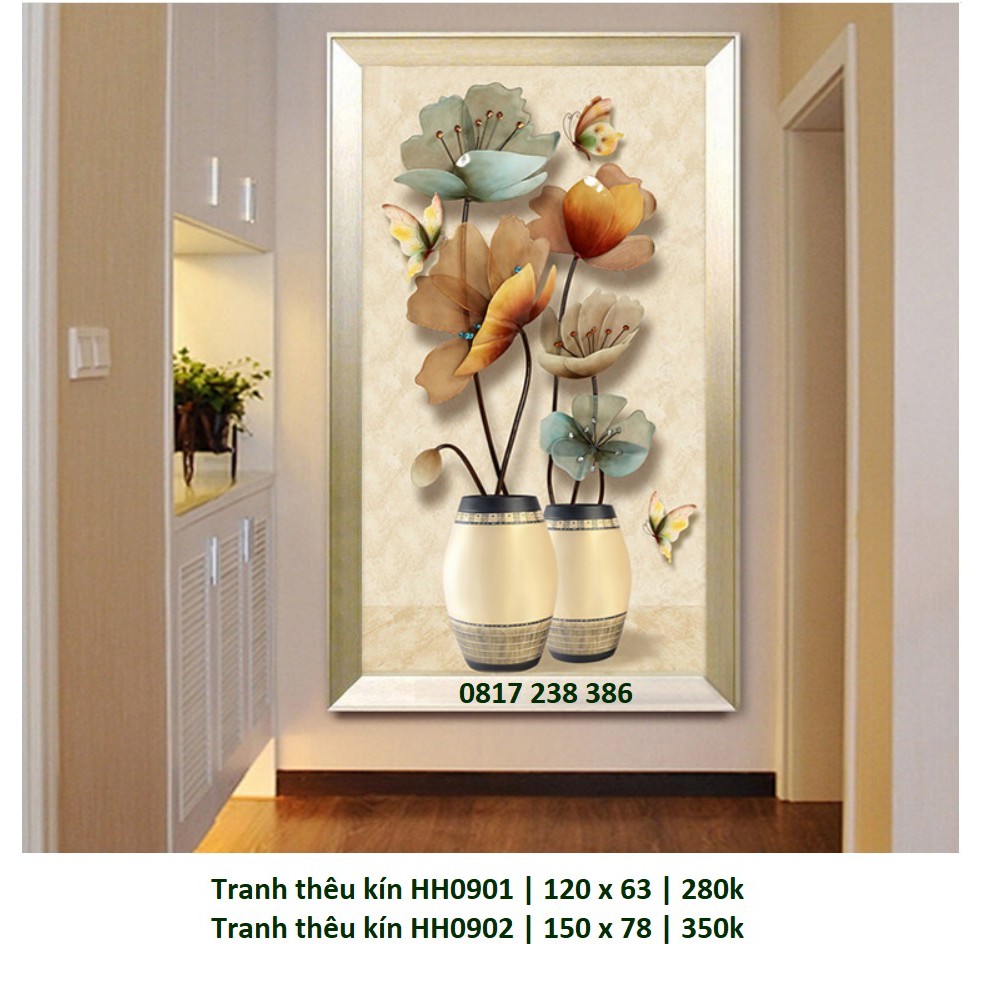 (Thêu kín) Tranh thêu chữ thập bình hoa nghệ thuật Mn0138 (60 x 120 cm). Mn0139 (78 x 150 cm)