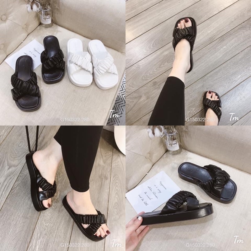 Dép bánh mì nữ đế dày 2p quai nhún chéo hot trend
