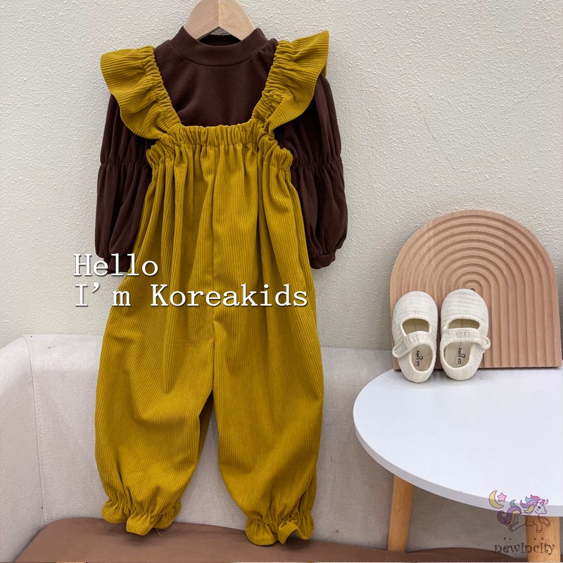 Bộ Áo Cổ Lọ Tay Phồng + Quần Yếm Vải Nhung Thời Trang Thu Đông Hàn Quốc Cho Bé Gái