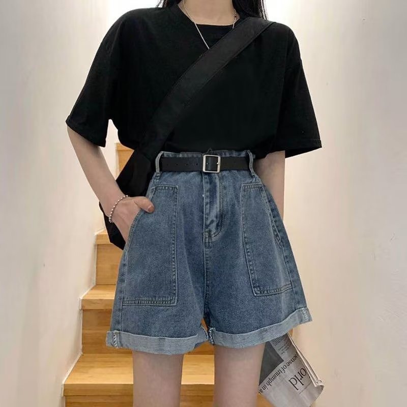 Quần ngắn daduhey denim ống rộng lưng cao viền lai lật cổ điển thời trang mùa hè 2022 dành cho nữ