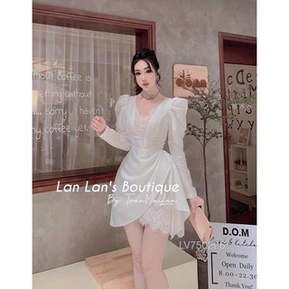 Đầm xoè phối ren tay dài phồng