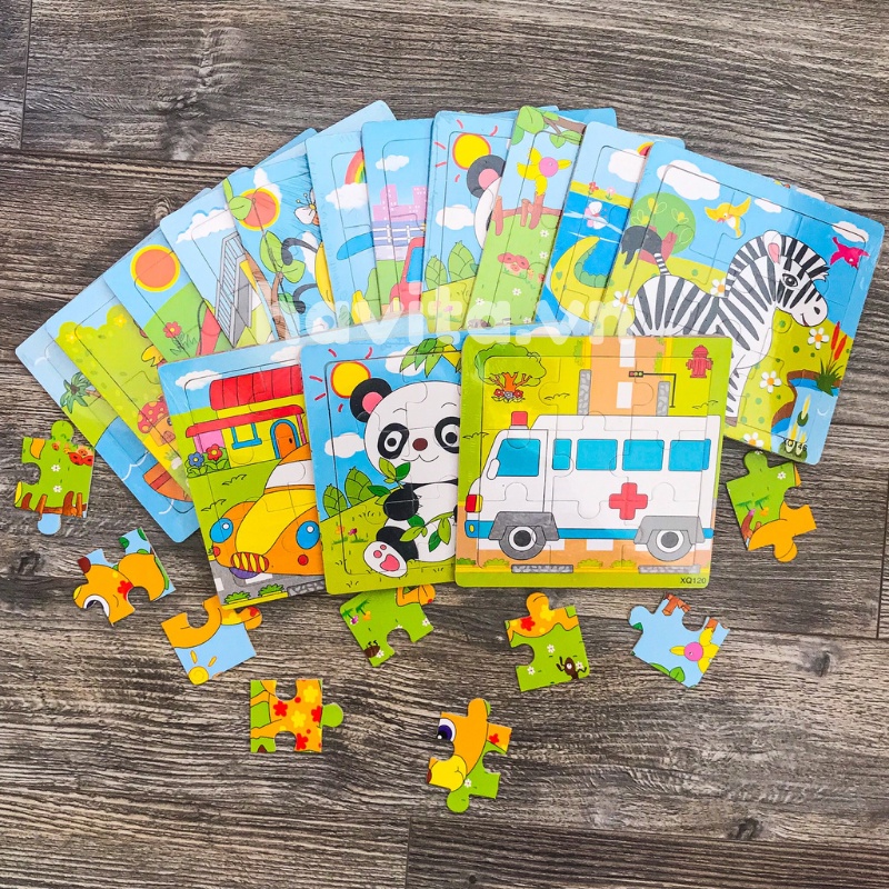 Combo 5 tranh ghép hình 9 miếng cho bé, đồ chơi thông minh ghép hình cho bé, size to 15x15Cm
